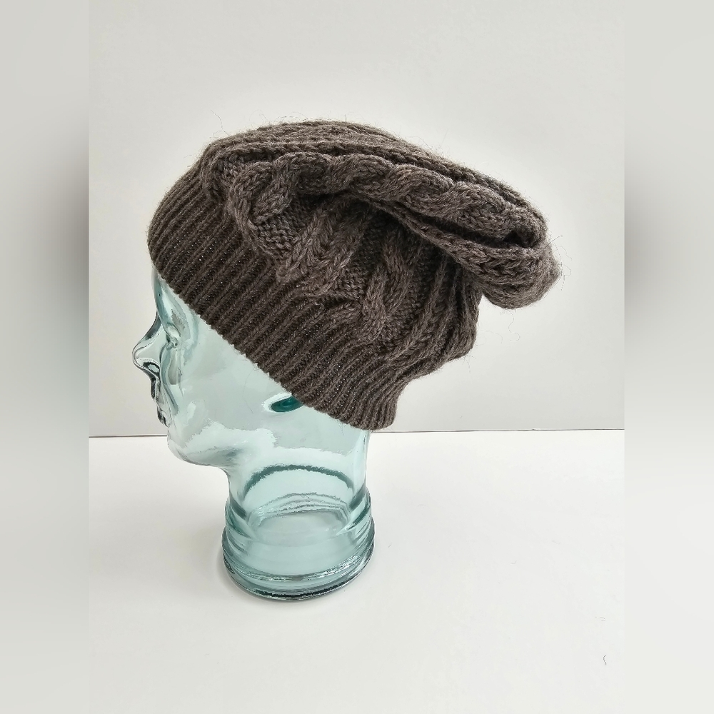 Made in Italy Mohair & Wool Blend Beanie – Cable Knit Slouchy Hat – Taupe Brown - Picture 3 of 5